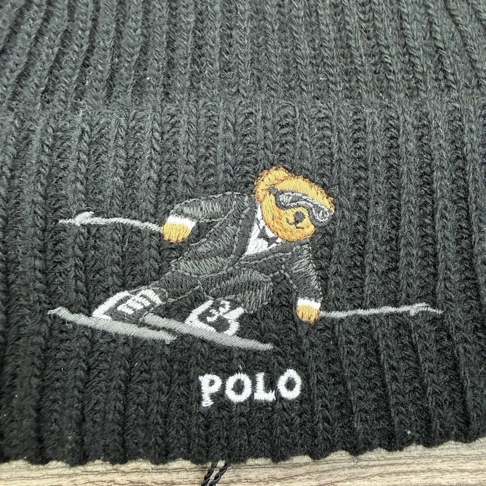 Polo Ralph Lauren Men's 100% Wool Ski Bear Tuxedo Hat Beanie Black NEW